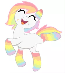 Size: 764x856 | Tagged: safe, artist:littlesnowyowl, artist:softfang, derpibooru import, oc, oc:melody beat, unofficial characters only, earth pony, pony, base used, eyes closed, female, freckles, image, mare, missing cutie mark, multicolored hair, png, rainbow hair, simple background, smiling, solo, white background