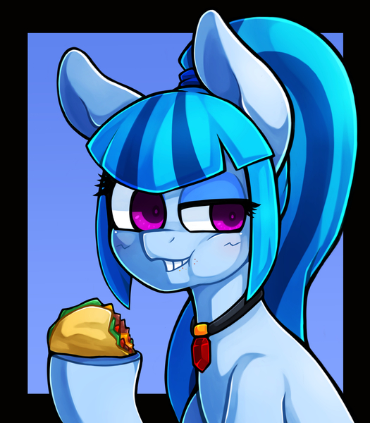 Size: 1543x1763 | Tagged: safe, artist:kyouman1010, derpibooru import, sonata dusk, ponified, earth pony, pony, black background, eating, female, food, gem, image, jewelry, jpeg, mare, necklace, raised hoof, simple background, siren gem, solo, taco