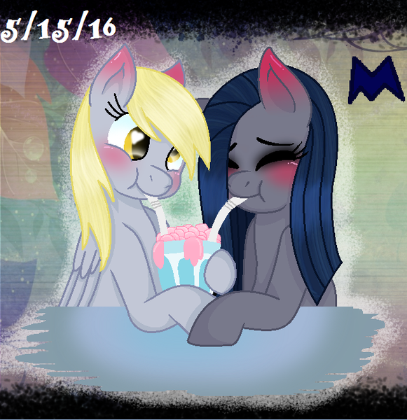 Size: 628x648 | Tagged: safe, artist:rosediamond505, derpibooru import, derpy hooves, oc, oc:minkie pie, earth pony, pegasus, pony, blushing, bubble, derp, drink, duo, eyes closed, female, image, mare, png, sharing a drink, soda, wings