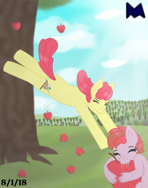 Size: 720x912 | Tagged: safe, artist:rosediamond505, derpibooru import, apple bloom, oc, oc:apple flame, dracony, earth pony, hybrid, pony, apple, applebucking, cloud, duo, eating, eyes closed, fangs, female, filly, foal, food, hug, image, interspecies offspring, jpeg, looking at you, mare, missing accessory, offspring, older, parent:apple bloom, parent:spike, parents:spikebloom, sitting, sky, smiling, smiling at you, sweet apple acres, tree