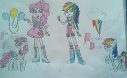 Size: 1024x632 | Tagged: safe, artist:princessastro, derpibooru import, pinkie pie, rainbow dash, earth pony, human, pegasus, pony, equestria girls, balloon, boots, clothes, cloud, female, image, jpeg, mare, multicolored hair, pencil drawing, rainbow hair, raised hoof, shirt, shoes, skirt, smiling, traditional art, wings