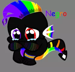 Size: 646x624 | Tagged: safe, artist:princessastro, derpibooru import, oc, oc:negroritana, unofficial characters only, dragon, crying, female, gray background, image, jpeg, multicolored hair, rainbow, rainbow hair, sad, simple background, text