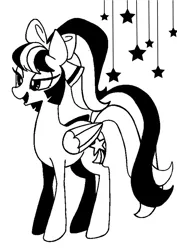 Size: 1080x1527 | Tagged: safe, artist:stacy_165cut, derpibooru import, oc, unofficial characters only, pegasus, pony, black and white, bow, female, folded wings, grayscale, hair bow, image, jpeg, mare, monochrome, simple background, solo, stars, white background, wings