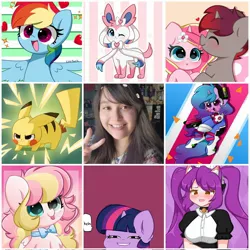 Size: 2048x2048 | Tagged: safe, artist:kittyrosie, derpibooru import, izzy moonbow, rainbow dash, twilight sparkle, oc, oc:rosa flame, unofficial characters only, human, pegasus, pikachu, pony, unicorn, abstract background, action pose, anime reference, art vs artist, blushing, chest fluff, chips, clothes, cosplay, costume, cute, d.va, dashabetes, doritos, ear fluff, eyes closed, face reveal, female, flower, flower in hair, food, g5, gun, handgun, heart, heh, heterochromia, high res, image, jpeg, kittyrosie is trying to murder us, licking, mare, necktie, oc x oc, ocbetes, open mouth, open smile, overwatch, pegasus oc, pistol, pokémon, purple background, shipping, signature, simple background, smiling, solo, spread wings, spy x family, tongue out, wall of tags, weapon, whisker markings, wings