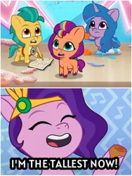 Size: 1500x1999 | Tagged: safe, derpibooru import, edit, edited screencap, screencap, hitch trailblazer, izzy moonbow, pipp, pipp petals, sunny starscout, pony, my little pony: tell your tale, spoiler:g5, spoiler:my little pony: tell your tale, spoiler:tyts01e15, colt, comic, female, filly, foal, g5, image, jpeg, making a foal of me, male, pipp is short, pipp is tall, screencap comic