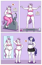 Size: 1600x2462 | Tagged: suggestive, artist:lordstormcaller, derpibooru import, rarity, sweetie belle, anthro, unguligrade anthro, unicorn, before and after, belly, belly button, bicycle, big belly, big breasts, bikini, breasts, busty rarity, busty sweetie belle, calendar, chubbie belle, chubby, clothes, comic, cute, diet, duo, duo female, exercise, fat, female, females only, fetish, image, jiggle, jpeg, jumping, older, older sweetie belle, plump, pose, purple background, sexy, shorts, siblings, simple background, sisters, stomach, sweat, sweetie belly, swimsuit, thighs, thunder thighs, trampoline, weight gain, weight loss, wide hips, workout