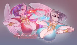 Size: 1920x1131 | Tagged: suggestive, artist:rajas_ledies, derpibooru import, oc, unofficial characters only, alicorn, anthro, pony, unicorn, absolute cleavage, big breasts, breasts, bust, cleavage, duo, duo female, female, heart, heart eyes, huge breasts, image, jewelry, magic, mare, png, text, vambrace, wingding eyes