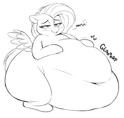 Size: 2100x2001 | Tagged: suggestive, artist:montsundere, derpibooru import, fluttershy, pegasus, pony, belly, belly button, big belly, blushing, burp, content, fat, fattershy, female, hoof on belly, huge belly, image, lidded eyes, lineart, mare, obese, open mouth, open smile, png, simple background, sitting, smiling, solo, spread wings, stomach noise, stuffed belly, wings