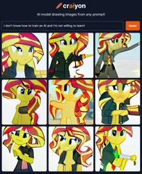 Size: 1144x1399 | Tagged: safe, dall·e mini, derpibooru import, machine learning generated, sunset shimmer, human, pony, caption, exploitable meme, image, image macro, meme, png, sunset is not willing to learn, text