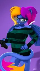 Size: 2160x3840 | Tagged: suggestive, artist:laylahorizonsfm, derpibooru import, oc, oc:layla horizon, unofficial characters only, anthro, bat pony, 3d, clothes, glasses, image, long tail, nerd, png, ponytail, simple background, solo, source filmmaker, sweater, tail