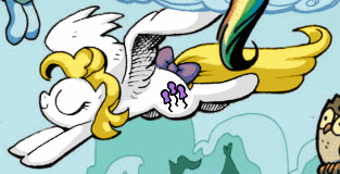 Size: 313x160 | Tagged: safe, artist:andypriceart, derpibooru import, edit, idw, owlowiscious, surprise, bird, owl, pegasus, pony, the return of queen chrysalis, balloon, bow, cloud, cropped, eyes closed, female, flying, image, male, mare, multicolored hair, png, rainbow hair, sky, smiling, spread wings, tail, tail bow, wings