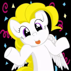 Size: 894x894 | Tagged: safe, derpibooru import, surprise, pegasus, pony, black background, female, image, jpeg, mare, shrug, simple background, smiling, streamers, tongue out, wings