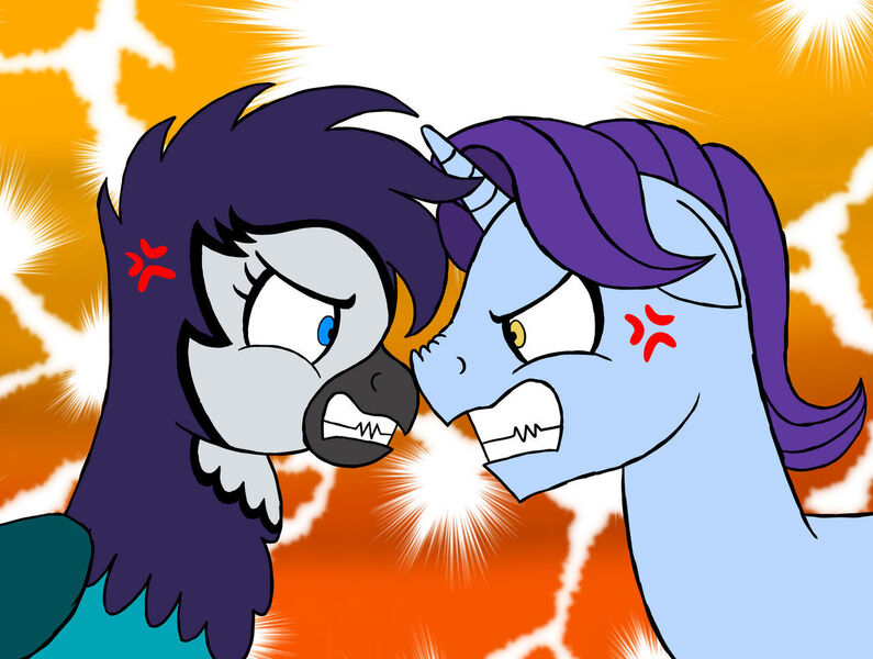 Size: 1280x966 | Tagged: safe, artist:gregory-the-griffon, derpibooru import, november rain, oc, gryphon, unicorn, angry, friendship student, griffon oc, gritted teeth, image, jpeg, teeth