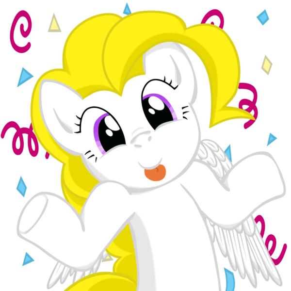 Size: 945x945 | Tagged: safe, artist:tempestwulf, derpibooru import, surprise, pegasus, pony, female, image, mare, png, shrug, shrugpony, simple background, smiling, solo, streamers, tongue out, transparent background, wings