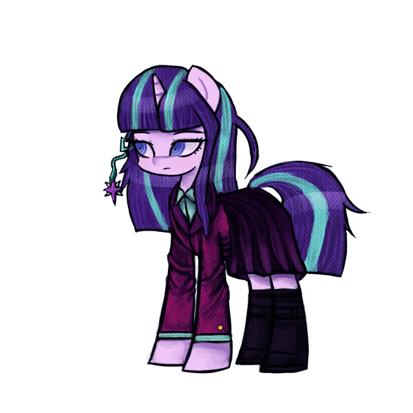 Size: 1200x1200 | Tagged: safe, artist:menalia, derpibooru import, starlight glimmer, pony, unicorn, alternate hairstyle, clothes, danganronpa, horn, image, looking at something, png, simple background, skirt, solo, white background