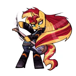 Size: 1200x1200 | Tagged: safe, artist:menalia, derpibooru import, sunset shimmer, pony, unicorn, alternate hairstyle, bipedal, boots, clothes, danganronpa, denim, guitar, horn, image, jacket, jeans, musical instrument, pants, png, shoes, simple background, solo, white background