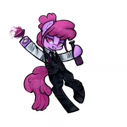 Size: 1200x1200 | Tagged: safe, artist:menalia, derpibooru import, berry punch, berryshine, earth pony, pony, alternate hairstyle, bipedal, bottle, clothes, danganronpa, image, looking at you, png, shirt, shoes, simple background, solo, suit, vest, white background, wine bottle