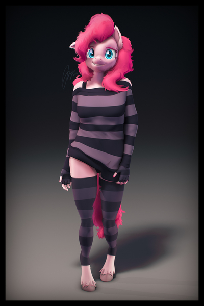 Size: 3600x5400 | Tagged: suggestive, artist:imafutureguitarhero, derpibooru import, pinkie pie, anthro, earth pony, pony, unguligrade anthro, 3d, absurd resolution, adorasexy, border, bra, bra strap, cheek fluff, chromatic aberration, chubby, clothes, colored eyebrows, colored eyelashes, cute, diapinkes, ear fluff, female, film grain, fingerless gloves, floppy ears, fluffy, fluffy hair, fluffy mane, fluffy tail, fur, gloves, gradient background, hoof fluff, image, jpeg, looking at you, mare, messy hair, messy mane, nail polish, nose wrinkle, one ear down, paintover, panties, panty shot, pinup, revamped anthros, revamped ponies, sexy, short, shoulder fluff, signature, smiling, smiling at you, socks, solo, source filmmaker, stockings, striped gloves, striped socks, striped stockings, striped sweater, sweater, tail, thigh highs, underwear, unshorn fetlocks, vertical, wall of tags