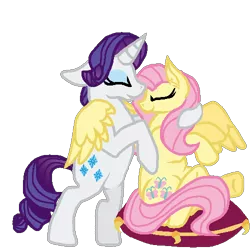 Size: 500x500 | Tagged: safe, artist:littlesnowyowl, derpibooru import, fluttershy, rarity, pegasus, pony, unicorn, bipedal, duo, eyes closed, eyeshadow, female, flarity, horn, hug, image, lesbian, makeup, mare, pillow, png, shipping, simple background, sitting, smiling, spread wings, transparent background, winghug, wings