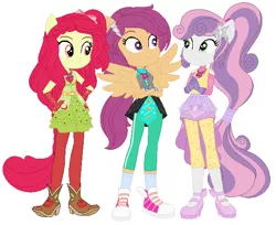 Size: 594x484 | Tagged: safe, artist:krystal-red-squirrel, artist:selenaede, derpibooru import, apple bloom, scootaloo, sweetie belle, equestria girls, base used, boots, clothes, crossed arms, cutie mark crusaders, female, fingerless gloves, gloves, high heel boots, high heels, image, jewelry, leggings, long hair, magical geodes, necklace, pegasus wings, png, ponied up, shoes, sneakers, socks, super ponied up, trio, trio female, wings, wristband