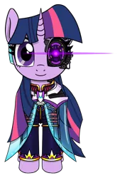 Size: 1298x1920 | Tagged: safe, artist:questionmarkdragon, derpibooru import, twilight sparkle, pony, unicorn, clothes, eyelashes, female, glow, glowing eyes, image, mare, png, prosthetic eye, prosthetics, simple background, smiling, solo, story included, transparent background, unicorn twilight