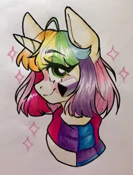 Size: 1568x2048 | Tagged: safe, artist:madkadd, derpibooru import, oc, unofficial characters only, pony, unicorn, bust, clothes, eyelashes, female, horn, image, jpeg, mare, multicolored hair, rainbow hair, scarf, smiling, solo, traditional art, unicorn oc