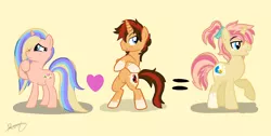 Size: 4417x2231 | Tagged: safe, artist:xcosmicghostx, derpibooru import, oc, unofficial characters only, pony, unicorn, bipedal, female, heart, horn, image, male, mare, parents:canon x oc, png, signature, simple background, smiling, stallion, unicorn oc, yellow background