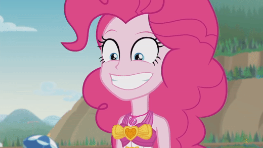 Size: 520x293 | Tagged: safe, derpibooru import, screencap, pinkie pie, equestria girls, equestria girls series, friendship math, animated, beach, clothes, female, geode of sugar bombs, gif, grin, image, jewelry, magical geodes, necklace, one-piece swimsuit, pinkie pie is not amused, smiling, solo, swimsuit, unamused