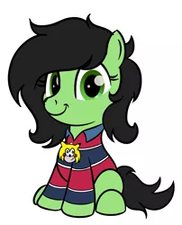 Size: 2923x3620 | Tagged: safe, artist:trash anon, derpibooru import, oc, oc:anonfilly, unofficial characters only, earth pony, pony, chris chan, clothes, drawthread, earth pony oc, female, filly, foal, image, male, medallion, png, polo shirt, simple background, sitting, smiling, solo, sonic the hedgehog, sonic the hedgehog (series), sonichu, white background