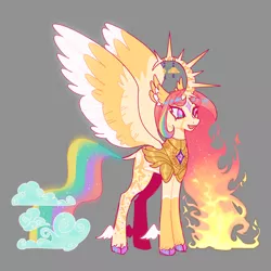 Size: 1280x1280 | Tagged: safe, artist:dawnwhinery, princess celestia, alicorn, pony, cloud, cloven hooves, coat markings, colored hooves, curved horn, ethereal mane, feathered ears, female, fire hair, gradient background, horn, image, jewelry, jpeg, mare, open mouth, redesign, regalia, simple background, solo, spread wings, star (coat marking), two toned wings, winged hooves, wings