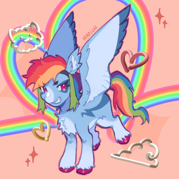 Size: 2821x2821 | Tagged: safe, artist:dawnwhinery, rainbow dash, pegasus, pony, alternate design, colored hooves, colored wings, facial markings, feathered ears, female, floating heart, gradient hooves, heart, image, mare, missing cutie mark, png, rainbow, smiling, solo, spread wings, twitterina design, wings