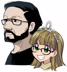 Size: 420x452 | Tagged: safe, artist:re_ghotion, derpibooru import, nightjar, zippoorwhill, human, bust, father and child, father and daughter, female, glasses, grin, humanized, image, jewelry, jpeg, male, portrait, simple background, smiling, tiara, white background