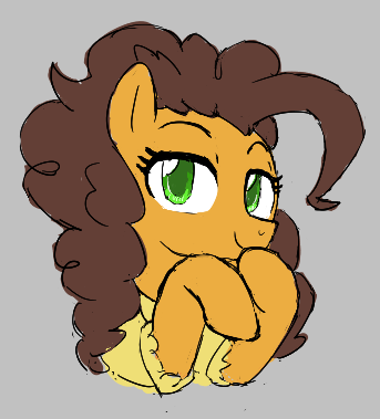 Size: 343x379 | Tagged: safe, artist:kabayo, derpibooru import, cheese sandwich, earth pony, pony, aggie.io, clothes, dress, female, gray background, grilled cheese (r63), image, looking at you, mare, png, rule 63, simple background, smiling, solo