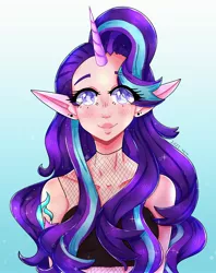 Size: 2624x3309 | Tagged: safe, artist:ashes-arts, derpibooru import, starlight glimmer, human, alternative cutie mark placement, bust, cutie mark on human, elf ears, female, gradient background, high res, horn, horned humanization, humanized, image, jpeg, portrait, shoulder cutie mark, solo