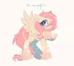 Size: 1680x1500 | Tagged: safe, artist:mirtash, edit, editor:edits of hate, fluttershy, pegasus, pony, alternate design, blushing, coat markings, cute, feathered fetlocks, female, hair over one eye, heart, image, jpeg, looking at you, mare, raised hoof, simple background, smiling, solo, spread wings, text, white background, wings