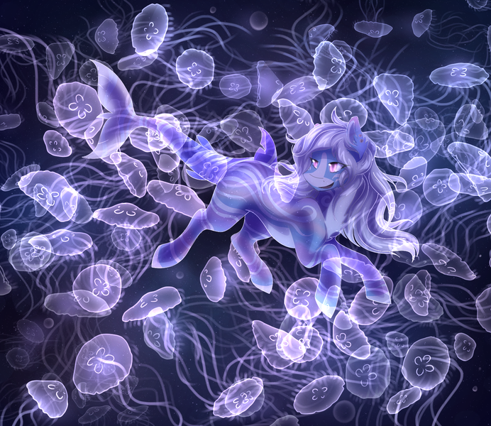 Size: 1500x1300 | Tagged: safe, artist:scarletsfeed, derpibooru import, oc, unofficial characters only, hybrid, jellyfish, merpony, original species, pony, shark, shark pony, digital art, dorsal fin, ear fluff, female, fish tail, flowing mane, glow, image, mare, ocean, open mouth, pink eyes, png, purple mane, smiling, solo, swimming, tail, underwater, water