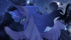 Size: 3840x2160 | Tagged: safe, artist:elektra-gertly, derpibooru import, princess luna, alicorn, pony, ethereal mane, image, magic, night, png, solo, space, spread wings, wings