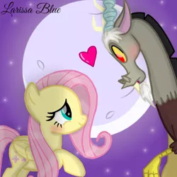 Size: 720x720 | Tagged: safe, artist:mlplary6, derpibooru import, discord, fluttershy, draconequus, pegasus, pony, blushing, discoshy, female, heart, image, looking at each other, looking at someone, male, mare, moon, png, shipping, smiling, straight