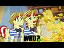 Size: 320x240 | Tagged: safe, derpibooru import, edit, edited screencap, screencap, flam, flim, earth pony, pony, friendship university, season 8, spoiler:s08, animated, brothers, confused, duo, duo male, flim flam brothers, gif, gold, image, male, money, office, school, siblings, stallion