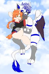 Size: 2000x3000 | Tagged: safe, artist:etoz, derpibooru import, oc, oc:etoz, oc:light speed, unofficial characters only, gryphon, pony, unicorn, blushing, clothes, cloud, commission, cute, eyebrows, eyes closed, female, flying, griffon oc, happy, hoodie, horn, image, male, mare, png, sitting, sky, tongue out, unicorn oc, wings