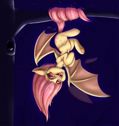 Size: 1200x1265 | Tagged: safe, artist:inkypuso, derpibooru import, fluttershy, bat pony, pony, bat ponified, cute, female, flutterbat, hanging, hanging upside down, image, jpeg, mare, open mouth, race swap, shyabates, shyabetes, solo, tree, tree branch, upside down