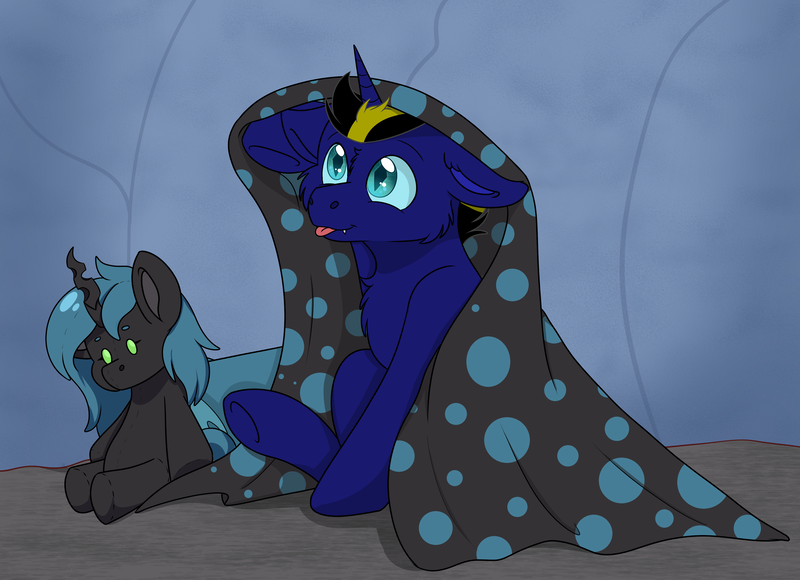 Size: 4040x2928 | Tagged: safe, artist:rokosmith26, derpibooru import, oc, unofficial characters only, alicorn, changeling, hybrid, pony, :p, blanket, blue eyes, changeling prince, cheek fluff, chest fluff, colt, commission, fangs, floppy ears, foal, horn, hybrid oc, image, looking up, male, plushie, png, pony plushie, sitting, slit pupils, smiling, solo, tongue out, underhoof, ych result