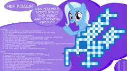 Size: 3329x1864 | Tagged: suggestive, artist:badumsquish, derpibooru import, trixie, pony, unicorn, crossword puzzle, derpibooru exclusive, dialogue, female, image, implied twilight sparkle, looking at you, luster dawn is trixie's and sunburst's daughter, luster dawn is trixie's daughter, narcissism, parent:trixie, png, puzzle, simple background, solo, talking to viewer, transparent background, up to trixie, vector