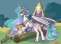 Size: 5499x3994 | Tagged: safe, artist:alumx, derpibooru import, princess celestia, alicorn, pony, bush, butt, carriage, chariot, female, grass, high res, image, jewelry, mare, plot, png, regalia, solo, sunbutt