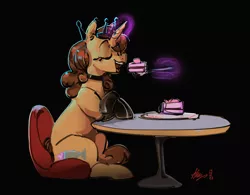 Size: 3278x2559 | Tagged: safe, artist:alumx, derpibooru import, oc, unofficial characters only, pony, unicorn, black background, cake, crown, eating, female, food, image, jewelry, levitation, magic, mare, open mouth, png, regalia, simple background, solo, telekinesis