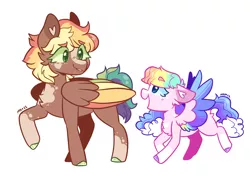 Size: 2914x2048 | Tagged: safe, artist:moccabliss, derpibooru import, oc, oc:autumn breeze, oc:sunshine melody, unofficial characters only, pegasus, pony, female, filly, foal, image, magical lesbian spawn, mare, offspring, parent:applejack, parent:rainbow dash, parents:appledash, png, simple background, white background