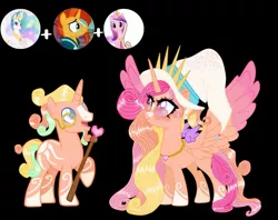 Size: 1673x1323 | Tagged: safe, artist:vernorexia, derpibooru import, princess cadance, princess celestia, sunburst, oc, alicorn, pony, unicorn, base used, blaze (coat marking), blue eyes, body markings, coat markings, colored wings, commission, crown, crystal heart, curly mane, duo, ear piercing, extra wings, facial hair, facial markings, floating wings, g4, glasses, goatee, hat, heart shaped glasses, image, jewelry, jpeg, long mane, monocle, multicolored mane, multiple wings, necklace, orange coat, piercing, princess, purple eyes, regalia, siblings, socks (coat marking), staff, sunglasses, tiara, twins, two toned wings, wings, witch hat, wizard, wizard hat