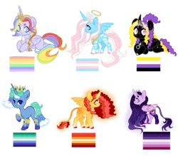 Size: 1280x1120 | Tagged: safe, artist:adopdee, artist:vernorexia, derpibooru import, oc, unofficial characters only, alicorn, classical unicorn, pony, unicorn, adoptable, adoptable open, body markings, braid, chibi, cloven hooves, coat markings, colored hooves, crown, crystal, curly hair, ethereal mane, female, for sale, freckles, galaxy, galaxy mane, gay, gay pride flag, halo, image, jewelry, leonine tail, lesbian, male, necklace, nonbinary, open adoptables, png, pride, pride flag, prince, princess, regalia, socks (coat marking), spirit, spread wings, tail, tiara, transgender, transgender pride flag, unshorn fetlocks, water mane, wings