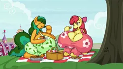 Size: 1610x905 | Tagged: suggestive, artist:allrights, derpibooru import, apple bloom, oc, oc:coral leaf, anthro, anthro oc, background, barn, basket, big breasts, breasts, busty apple bloom, busty oc, food, huge breasts, hyper, hyper breasts, image, impossibly large breasts, picnic, picnic basket, pie, png, rule 63, sweet apple acres, tree