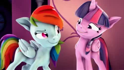 Size: 3840x2160 | Tagged: safe, artist:psfmer, derpibooru import, rainbow dash, twilight sparkle, twilight sparkle (alicorn), alicorn, pegasus, pony, 3d, duo, duo female, female, folded wings, grin, image, jpeg, looking at each other, looking at someone, mare, nervous, nervous grin, raised eyebrow, smiling, source filmmaker, wings